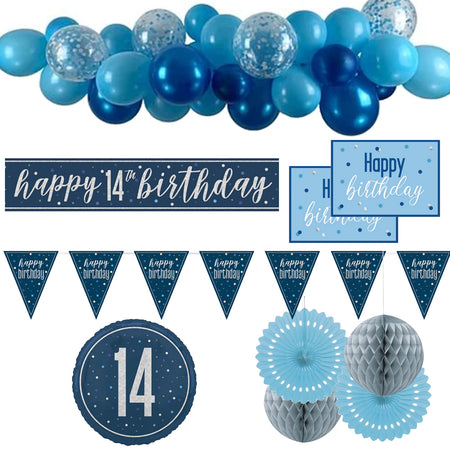 14th Birthday Blue & Silver Glitz Decoration Pack