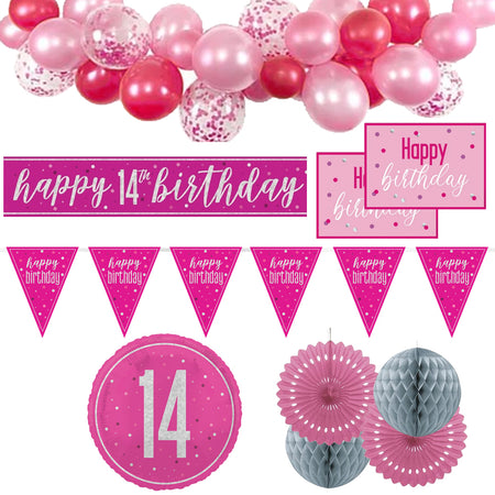 14th Birthday Pink & Silver Glitz Decoration Pack