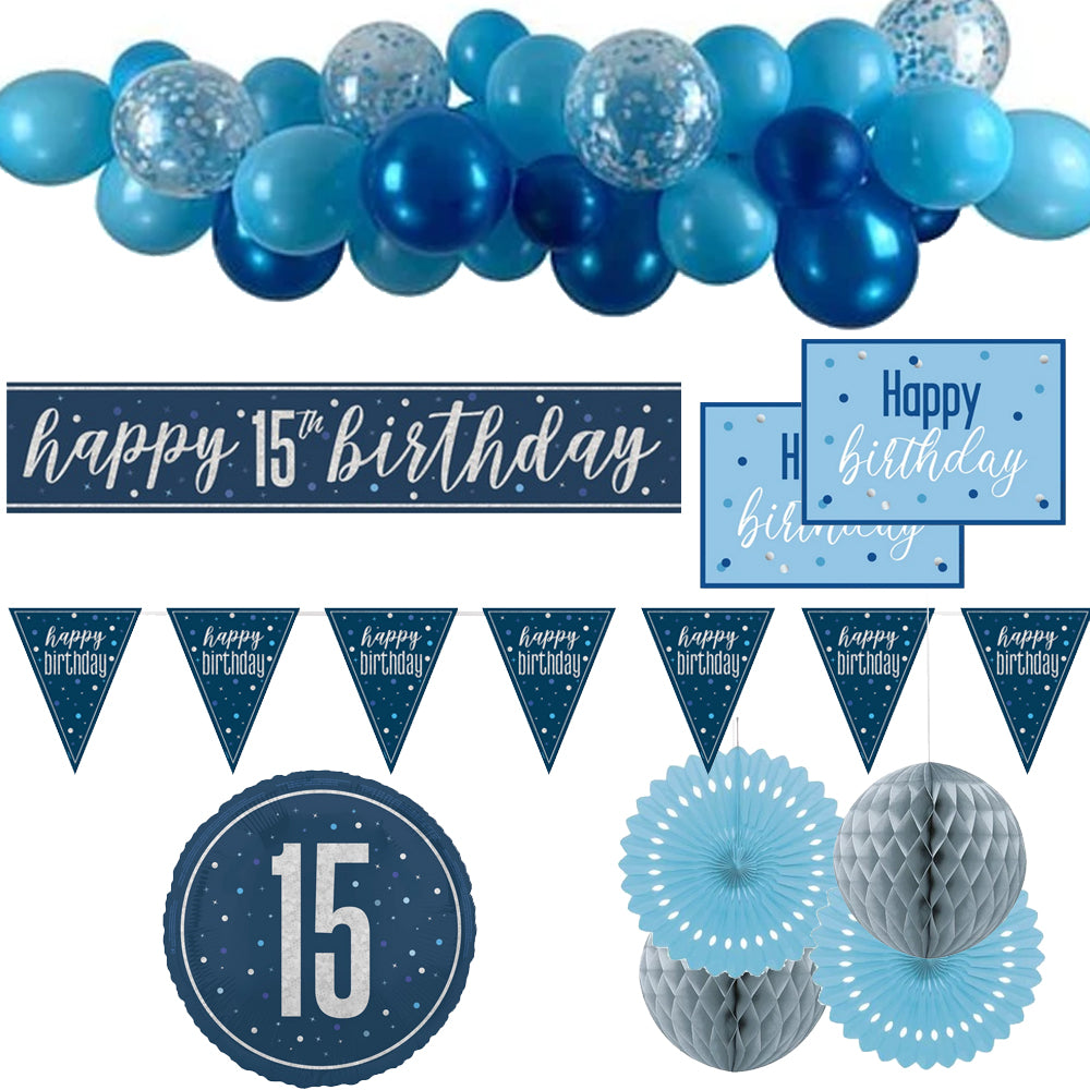 15th Birthday Blue & Silver Glitz Decoration Pack