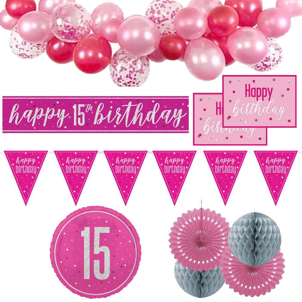 15th Birthday Pink & Silver Glitz Decoration Pack