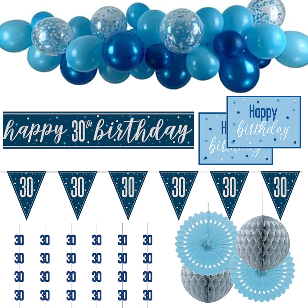 30th Birthday Blue & Silver Glitz Decoration Pack