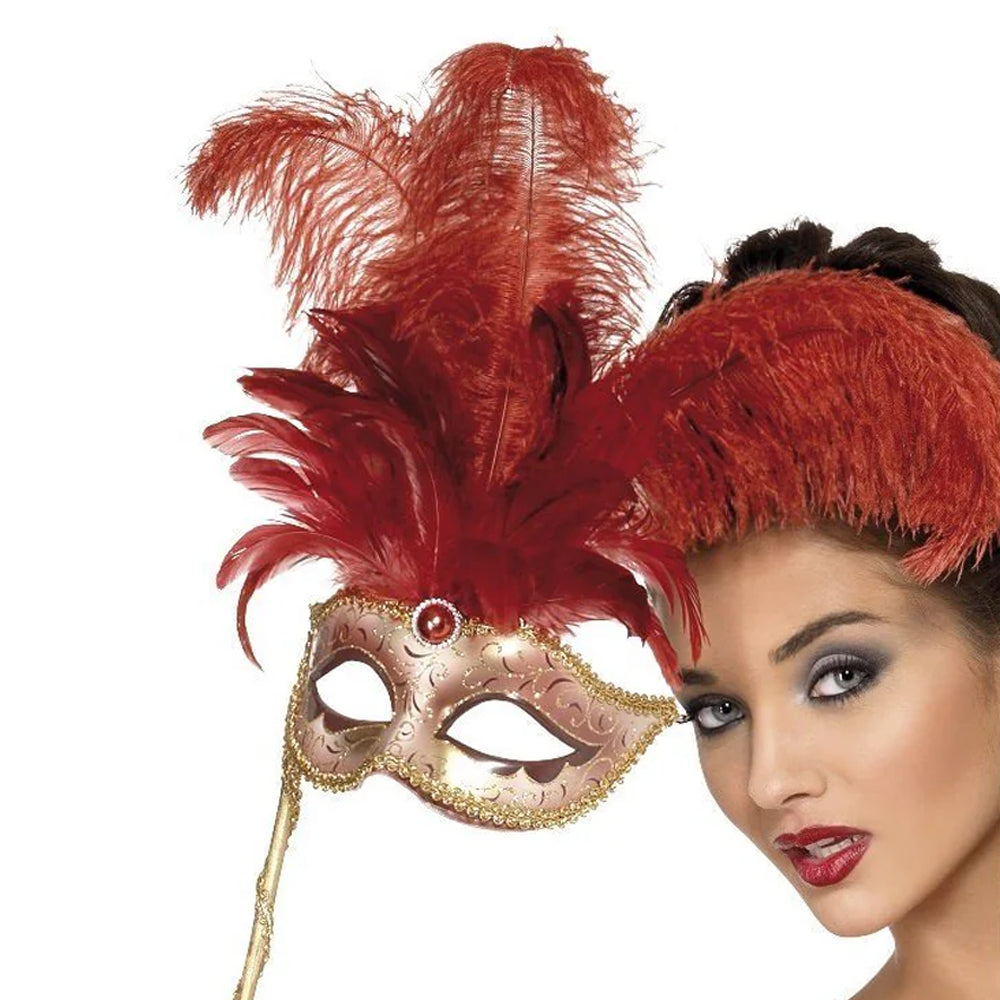 Red Feather Masquerade Eye Mask on Stick