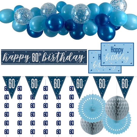 60th Birthday Blue & Silver Glitz Decoration Pack