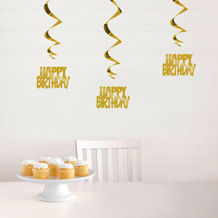 Gold Happy Birthday Hanging Swirl Decorations - Pack of 3