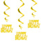 Gold Happy Birthday Hanging Swirl Decorations - Pack of 3