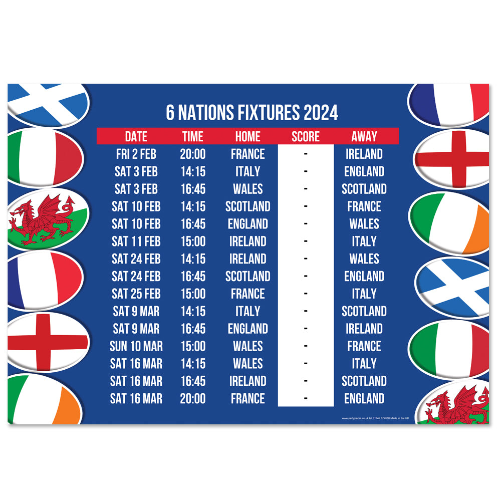 6 Nations Rugby Fixtures Poster - A3