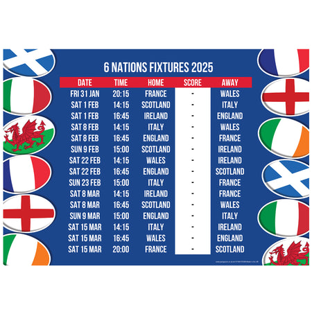 6 Nations Rugby Fixtures Poster - A3