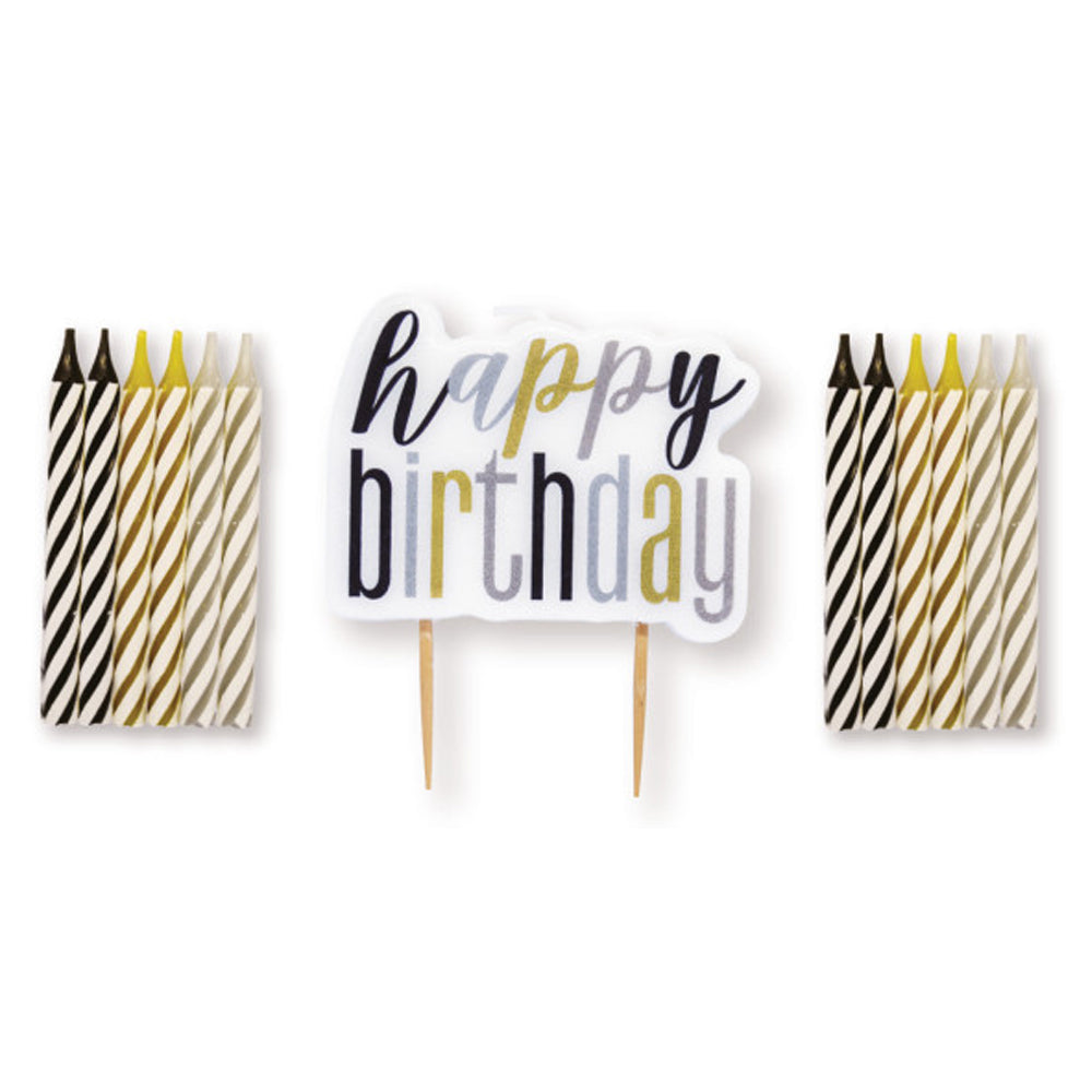 Birthday Glitz Black, Silver & Gold Happy Birthday Candle Set - 8cm - Pack of 13