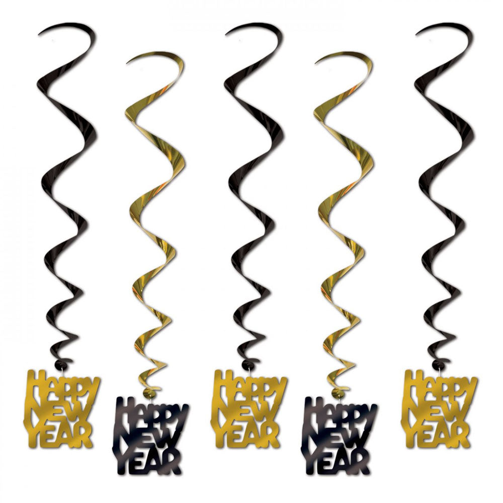 Happy New Year Black & Gold Swirl Decorations - 83cm - Pack of 5