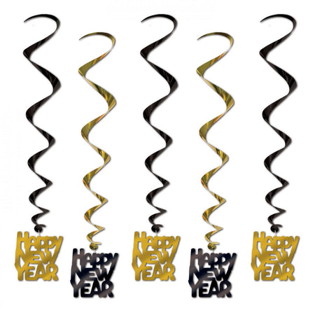 Happy New Year Black & Gold Swirl Decorations - 83cm - Pack of 5