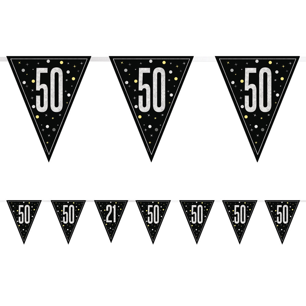 Birthday Glitz Black & Silver 50th Flag Bunting - 2.7m