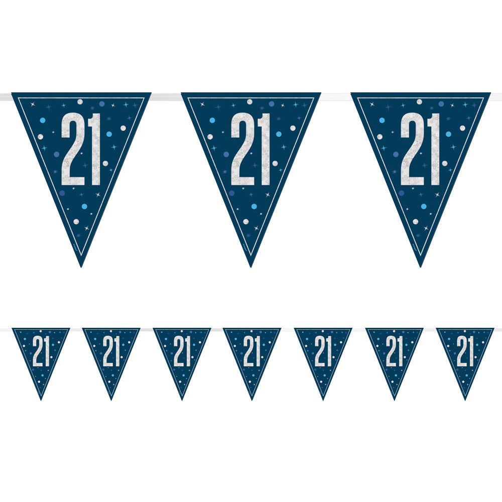 Birthday Glitz Blue 21st Flag Bunting - 2.7m