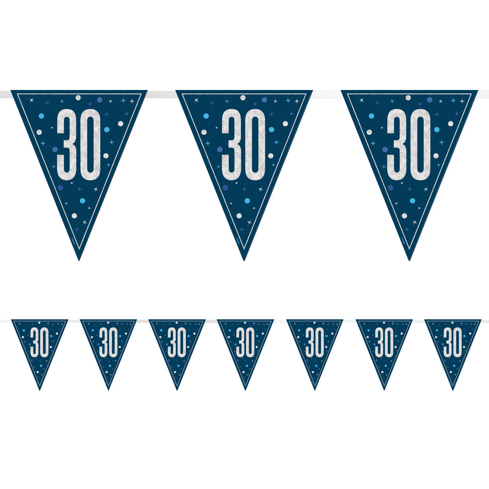 Birthday Glitz Blue 30th Flag Bunting - 2.7m