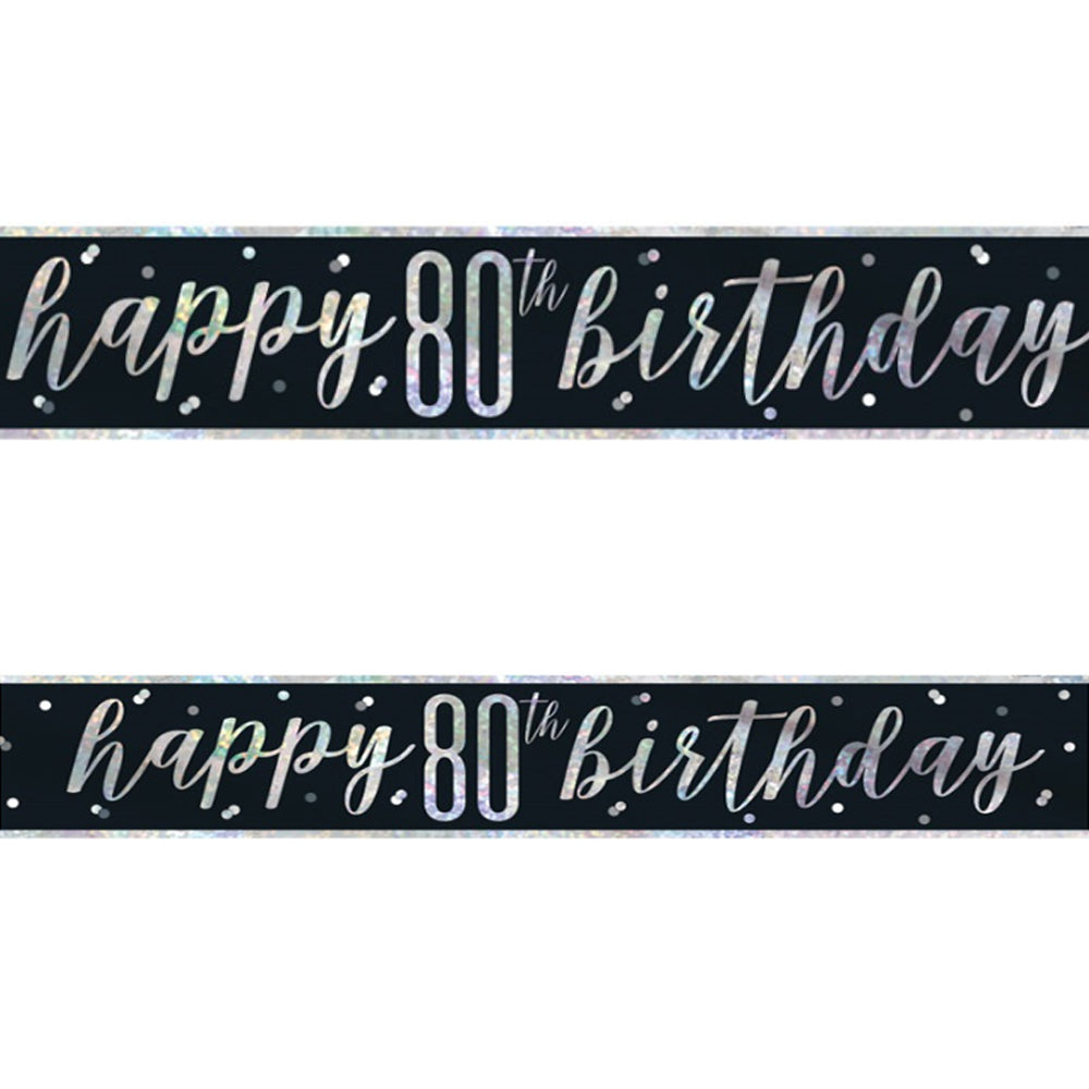 Birthday Glitz Black & Silver Happy 80th Birthday Foil Banner - 2.7m