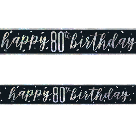 Birthday Glitz Black & Silver Happy 80th Birthday Foil Banner - 2.7m