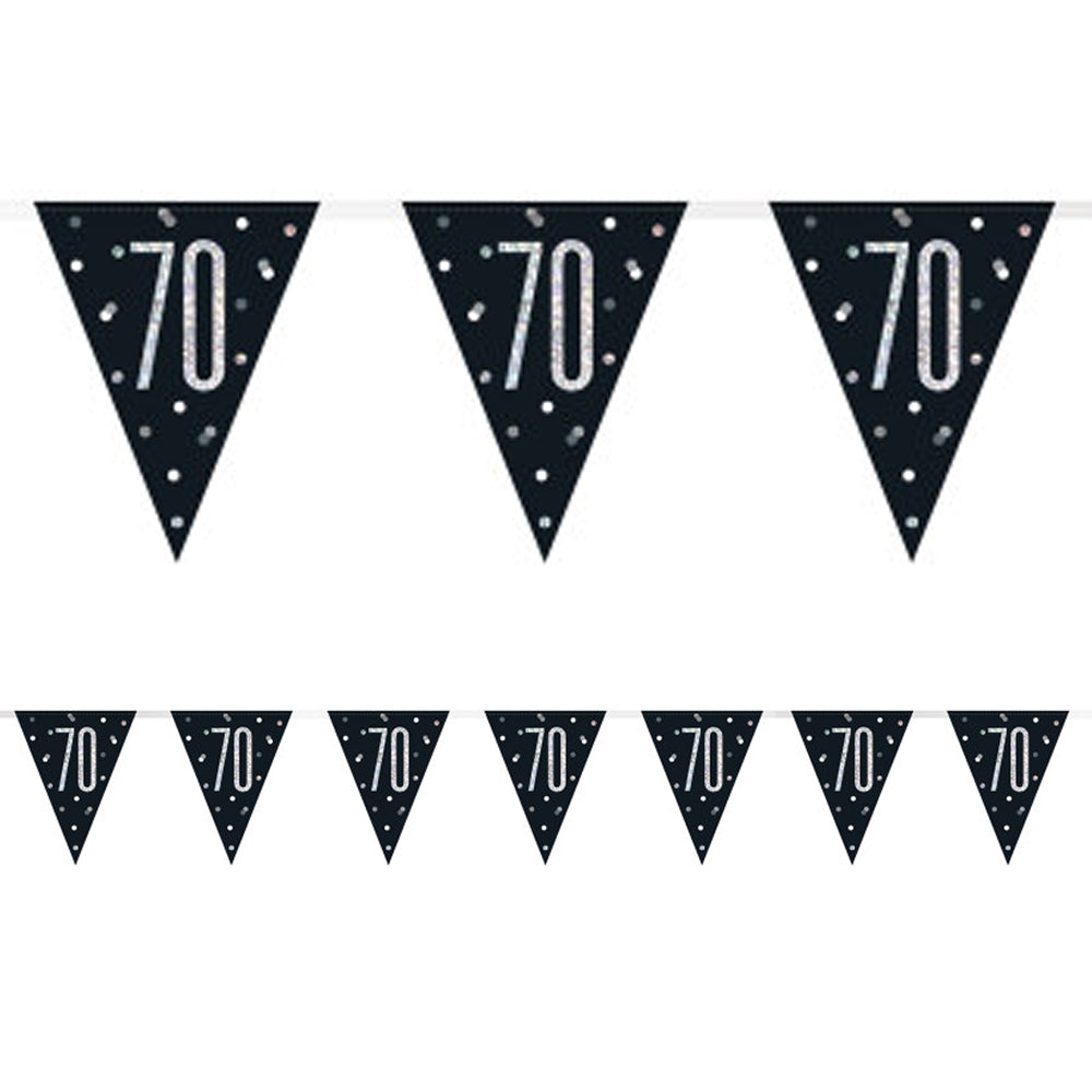 Birthday Glitz Black & Silver 70th Flag Bunting - 2.7m