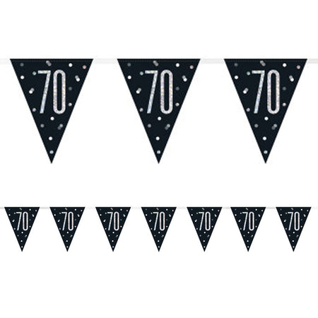 Birthday Glitz Black & Silver 70th Flag Bunting - 2.7m