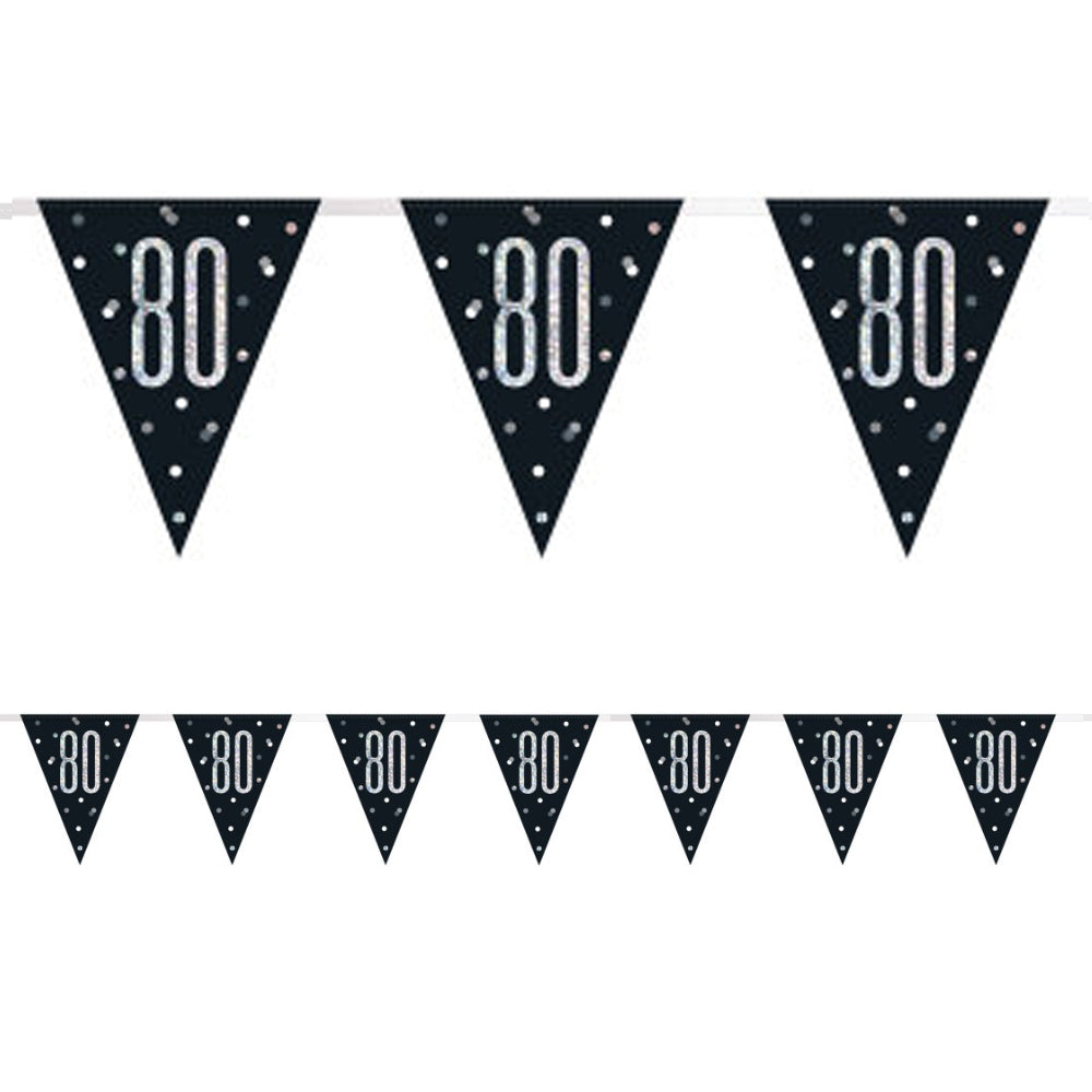 Birthday Glitz Black & Silver 80th Flag Bunting - 2.7m