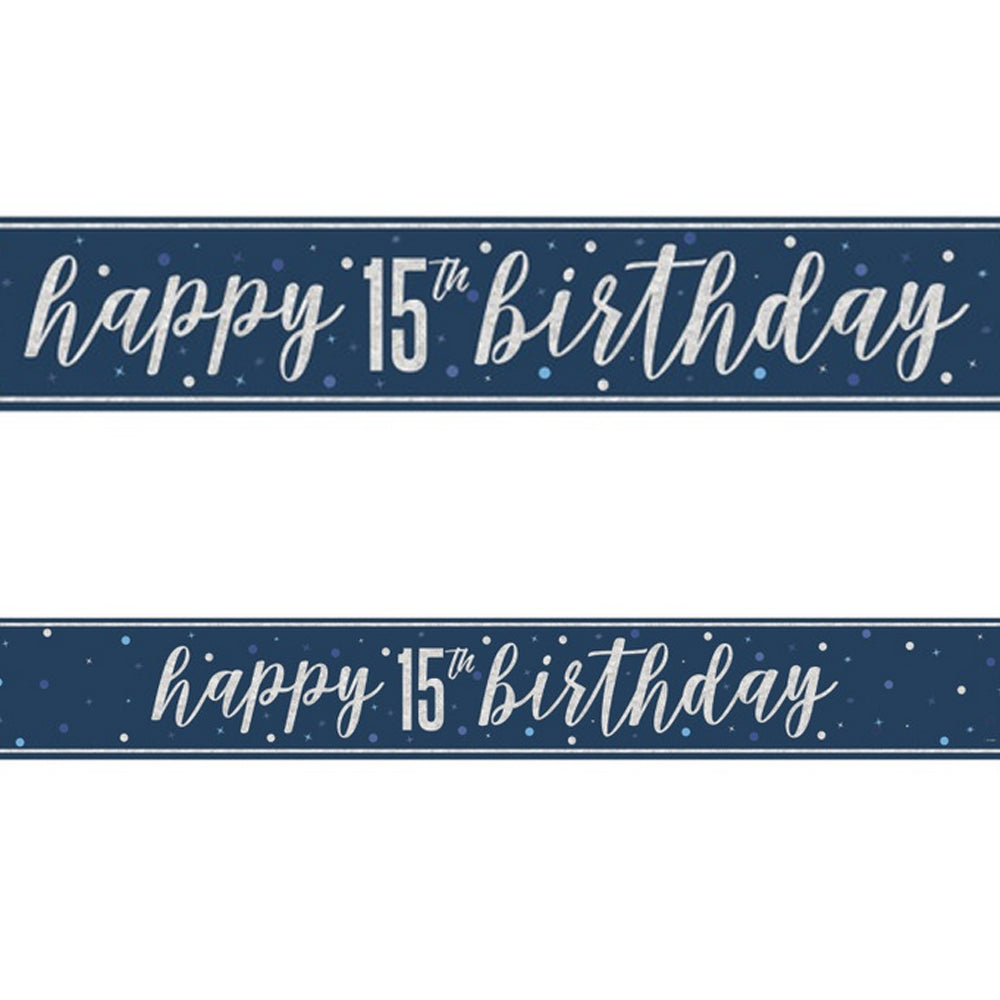 Blue Glitz 15th Birthday Foil Banner - 2.7m