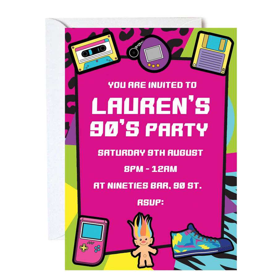 90's Retro Personalised Invitations - Pack of 16