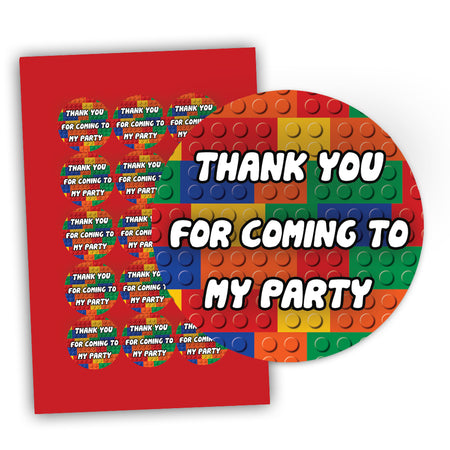 Building Blocks Thank You For Coming To My Party Round Stickers - 5cm - Sheet of 15