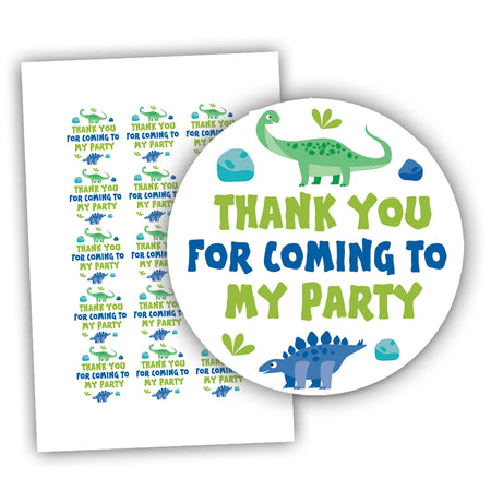 Dinosaur Thank You For Coming To My Party Round Stickers - 5cm - Sheet of 15