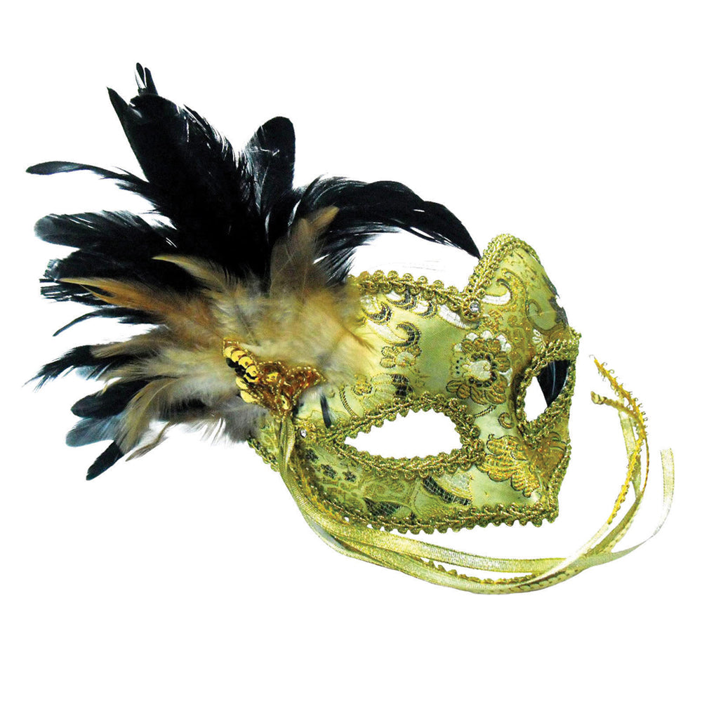 Gold Braided Black Feather Masquerade Eye Mask On Headband