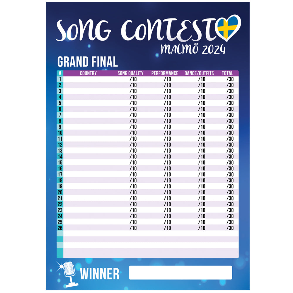 Song Contest Malmö 2024 Score Sheet Poster A3 Party Packs