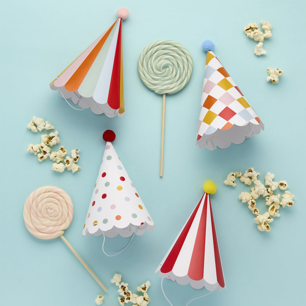 Circus Party Hats with Pom Poms - Pack of 8