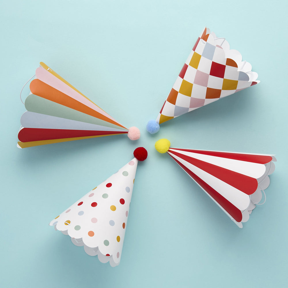 Circus Party Hats with Pom Poms - Pack of 8