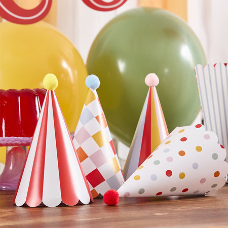 Circus Party Hats with Pom Poms - Pack of 8