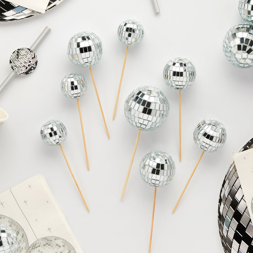 Silver Disco Ball Food Or Cake Decorations - Pack of 8