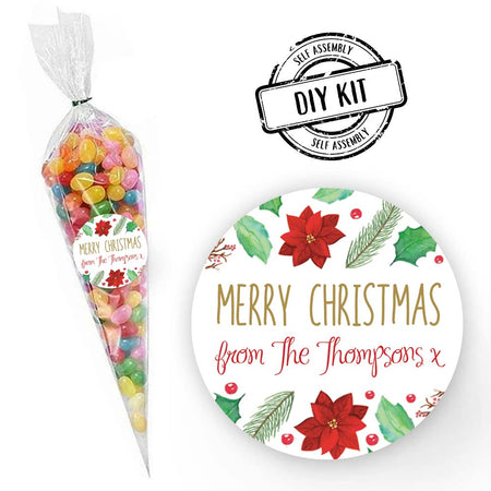 Holly & Poinsettia Christmas Personalised Sweet Cone Bag Favour Kit - Pack of 15