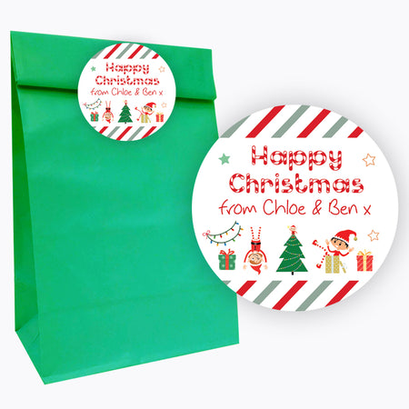 Mischievous Elf Christmas Paper Party Bags with Personalised Round Stickers - Pack of 12