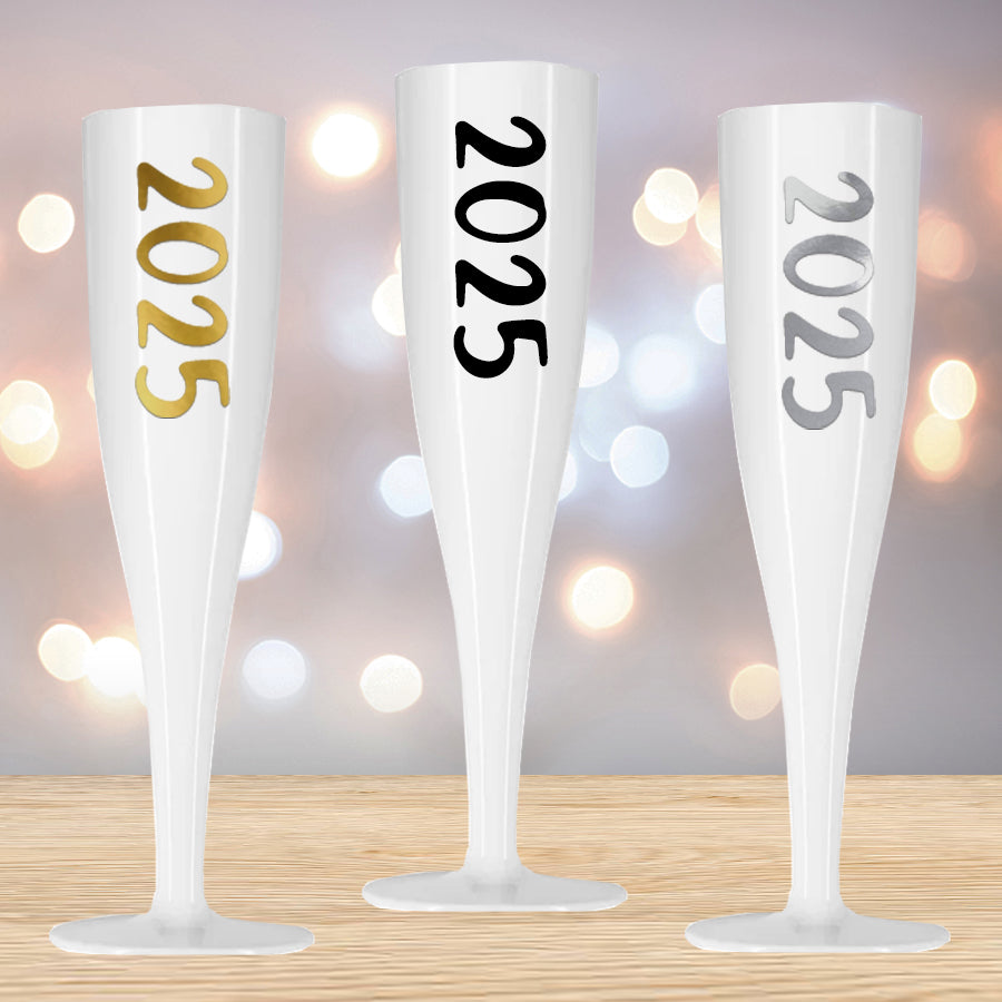 2025 New Year White Champagne & Prosecco Flute Glass - Choose Your Text Colour - 175ml - Each