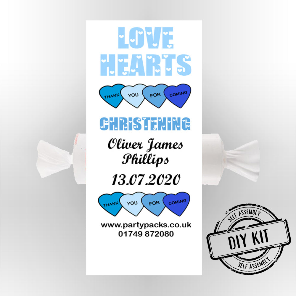 Personalised Love Hearts- Blue Christening- Pack of 30