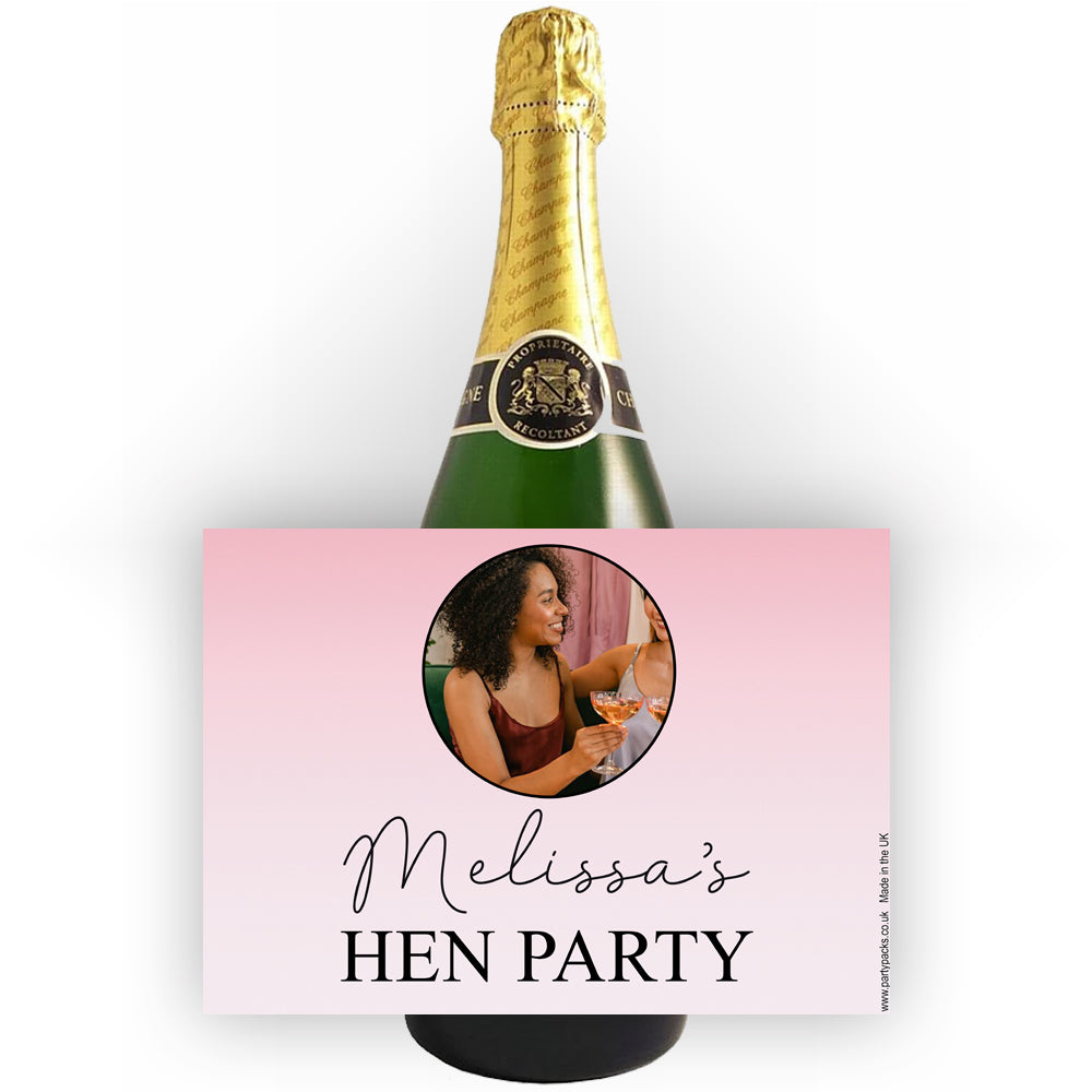 Ombre Pink Hen Party Personalised Photo Bottle Labels - Sheet of 4