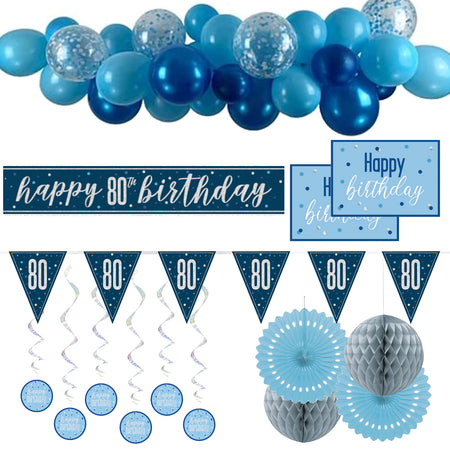 80th Birthday Blue & Silver Glitz Decoration Pack