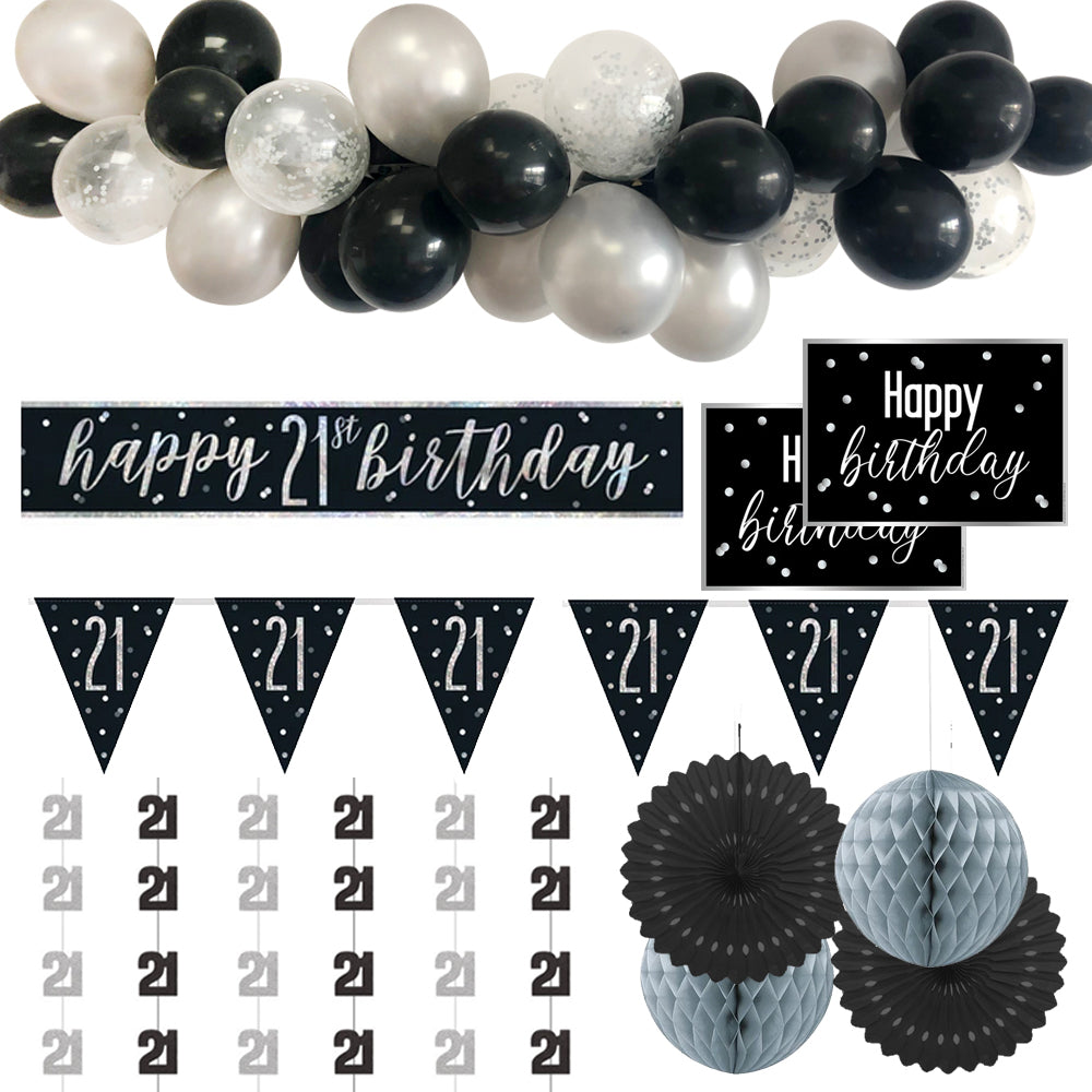 21st Birthday Black & Silver Glitz Decoration Pack