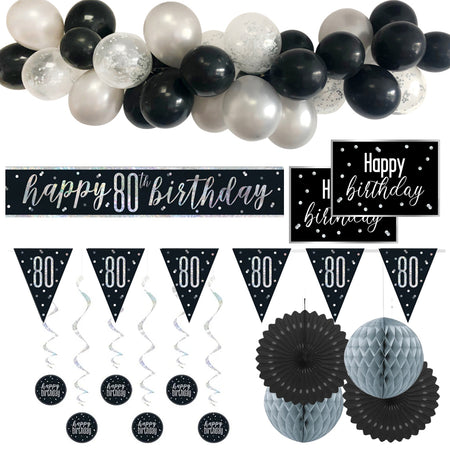 80th Birthday Black & Silver Glitz Decoration Pack | Party Packs