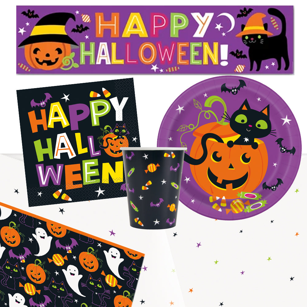 Cat & Pumpkin Halloween Tableware Pack for 8 with FREE Banner!