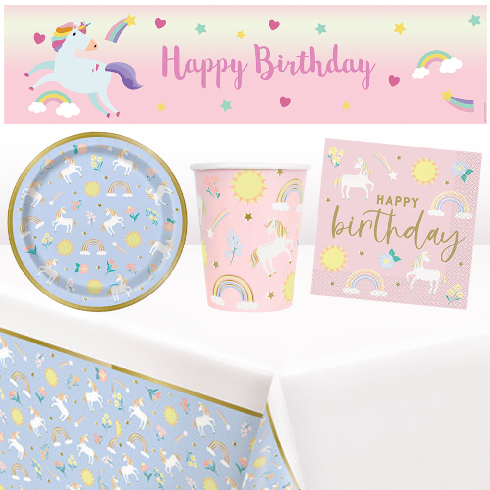 Unicorn Tableware Pack For 8 With FREE Banner