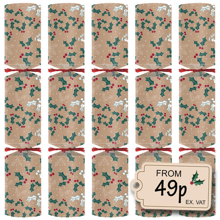 Kraft Holly Eco Friendly Christmas Crackers - Plastic Free - Box of 100