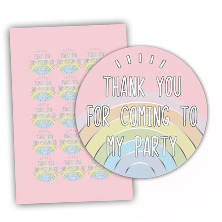 Pastel Rainbow Thank You For Coming To My Party Round Stickers - 5cm - Sheet of 15