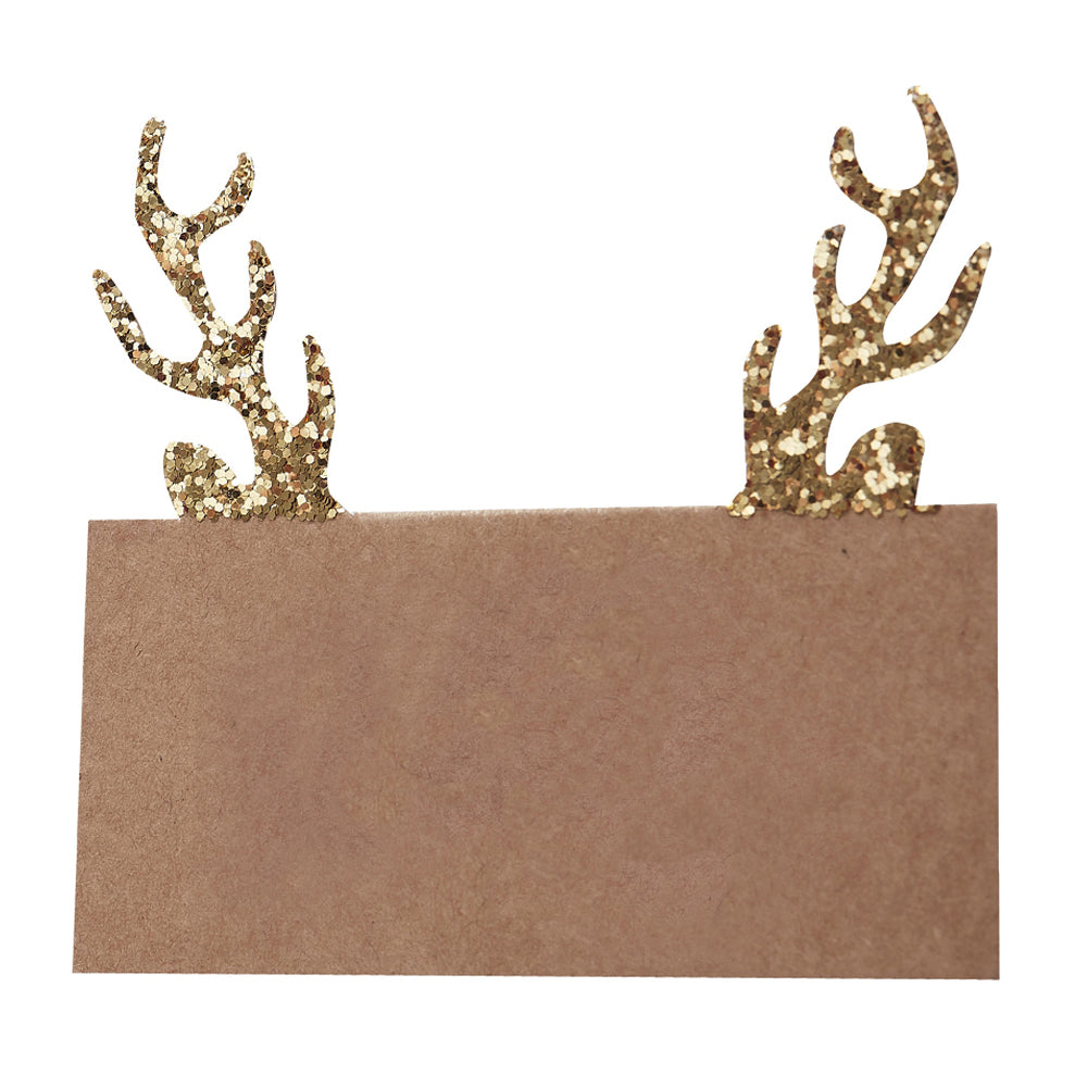 Gold Glitter Kraft Antler Christmas Placecards - Pack of 6