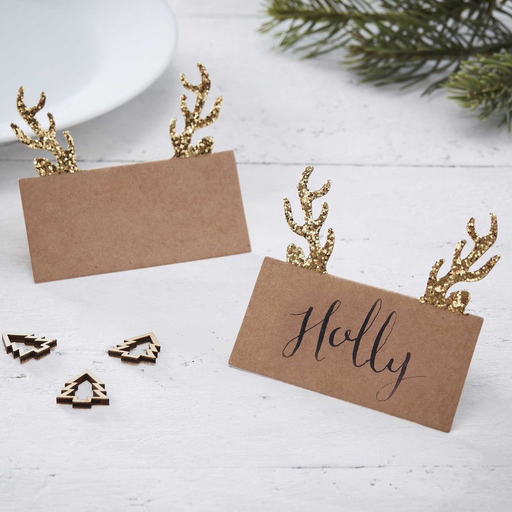 Gold Glitter Kraft Antler Christmas Placecards - Pack of 6