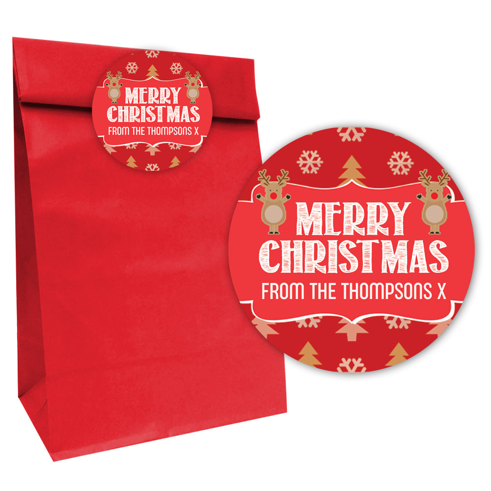 Rudolph Christmas Paper Party Bags with Personalised Round Stickers - Pack of 12