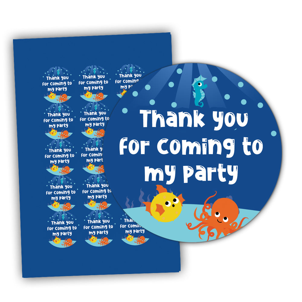 Sealife Thank You For Coming To My Party Round Stickers - 5cm - Sheet of 15