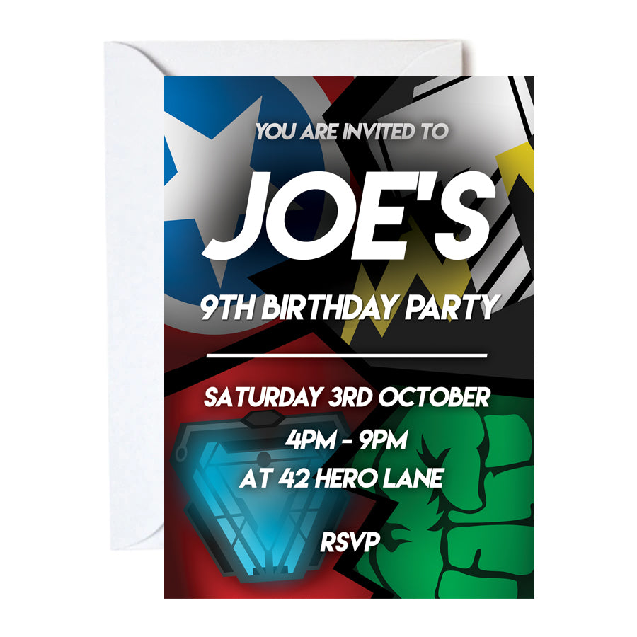 Superheroes Assemble Personalised Invitations - Pack of 16