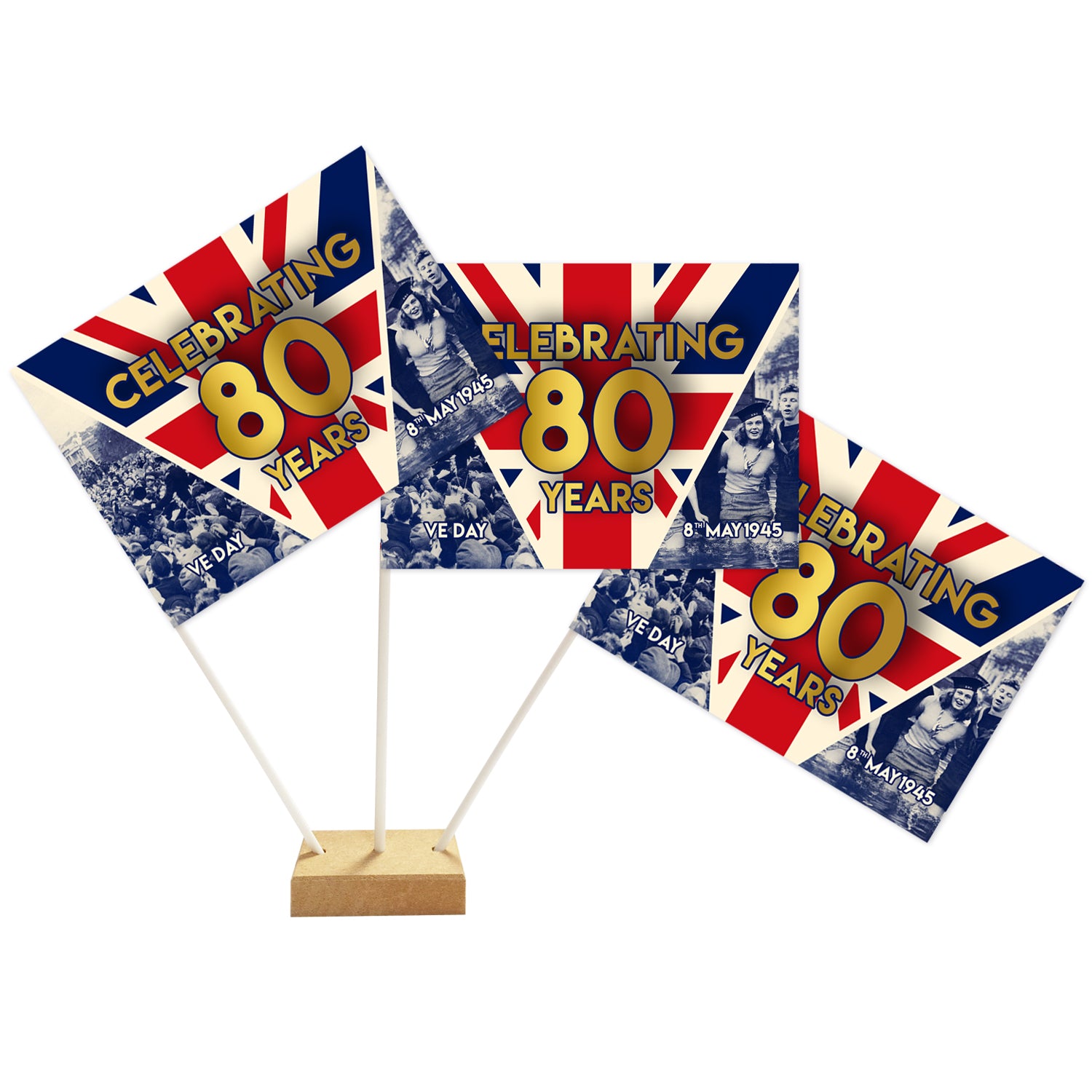 VE Day 80th Anniversary Paper Table Flags - 15cm on 30cm Pole - Each